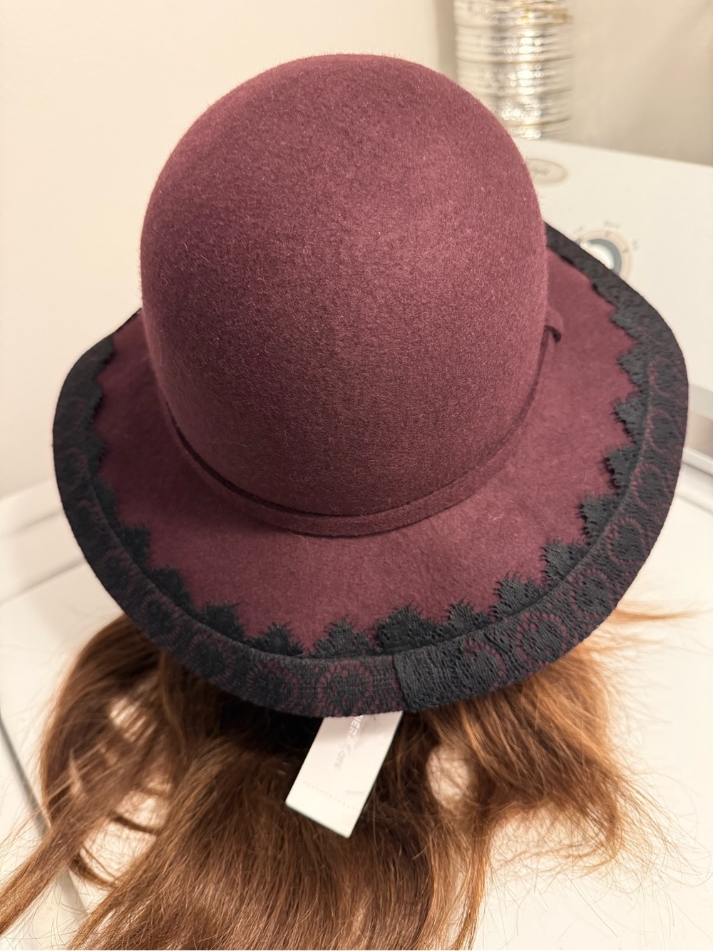 BCBGeneration Deep Maroon Lace Trimmed Floppy Hat 100% Wool